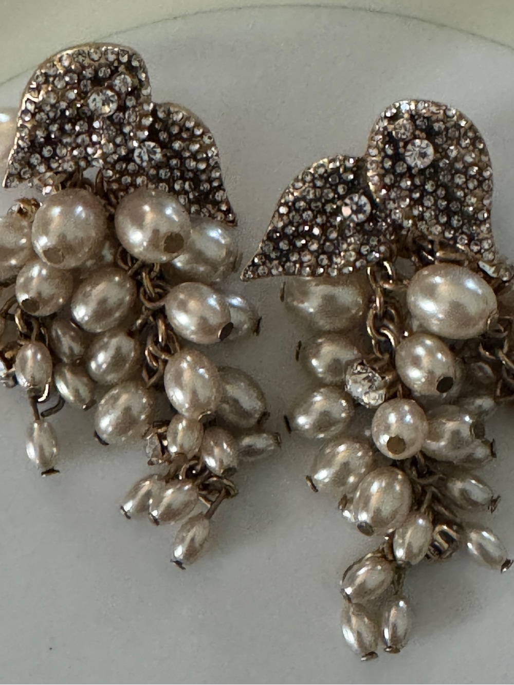 Pearl Cluster Drop Earrings with Crystal Leaf Tops - Ivory